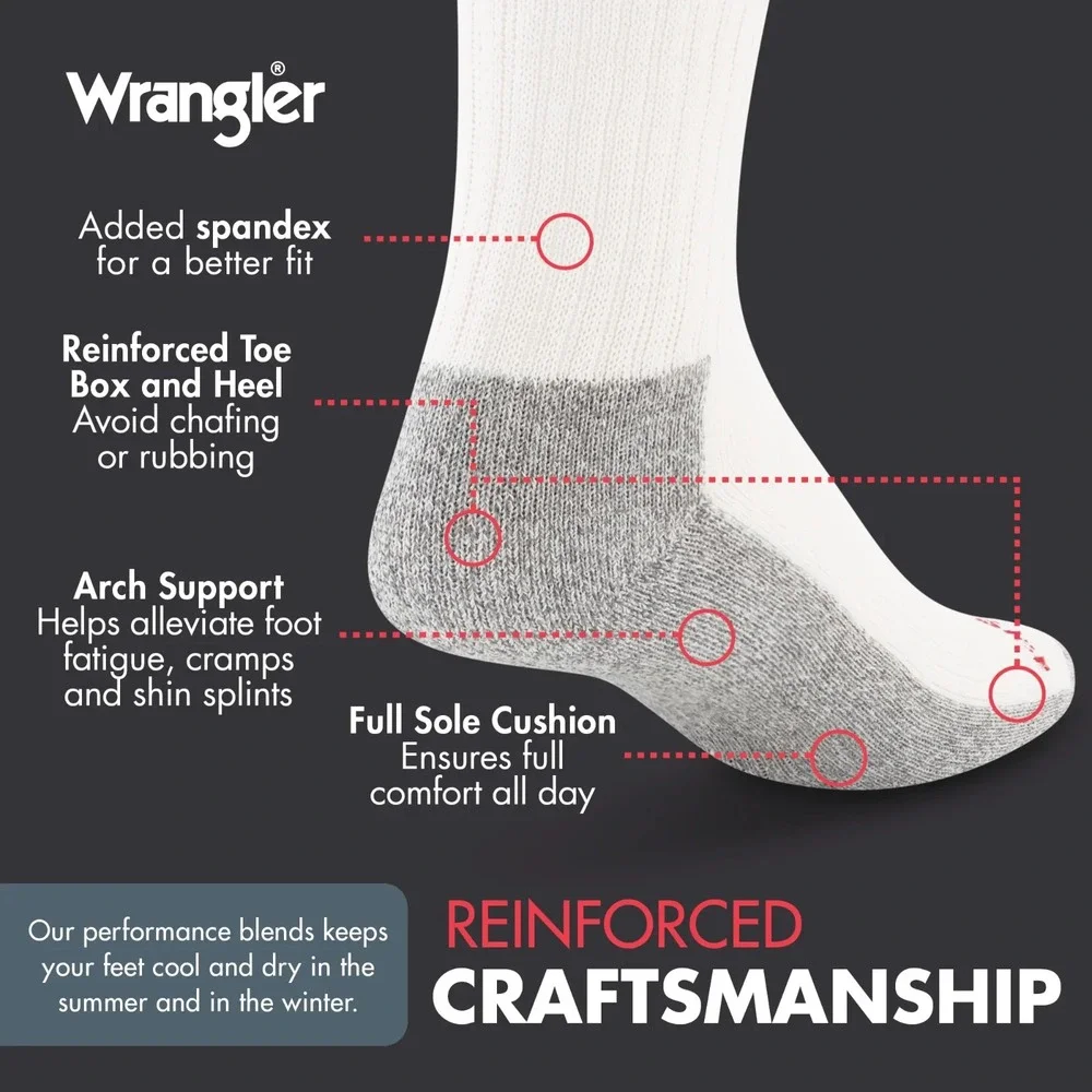 Wrangler Men's 6 Pack Cushion Crew Work Socks Big & Tall Size 12-15 White NEW